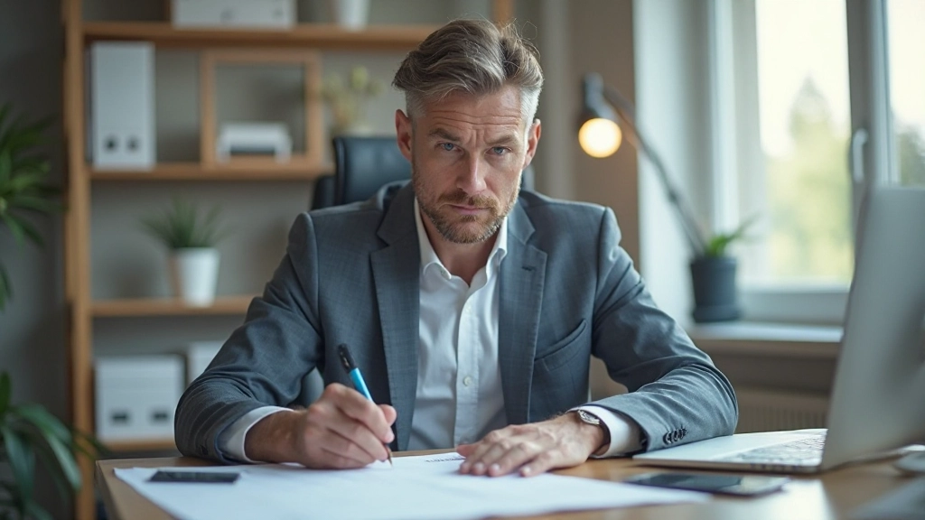 Person writing action items and checklist on desk with inventory management supplies and documents