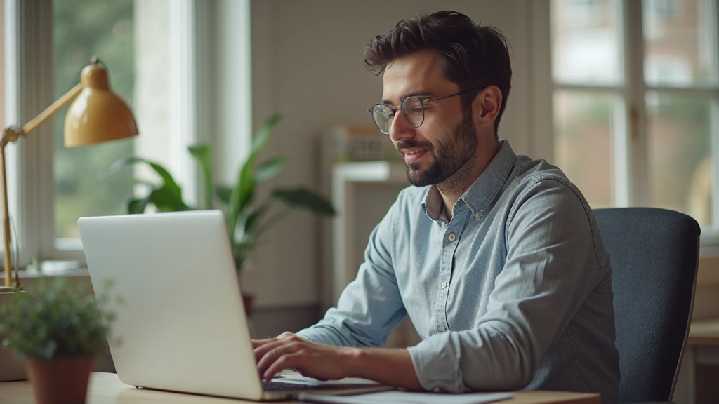 Person aged 28 fully clothed working on laptop at home office desk, typing and reviewing domain names
