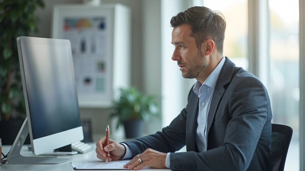 Person aged 30 fully clothed at modern desk workspace with computer monitor and notepad, professional lighting, focused expression