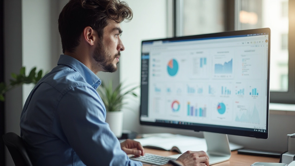 Close-up of computer monitor displaying colorful sales charts and analytics graphs with multiple data visualizations