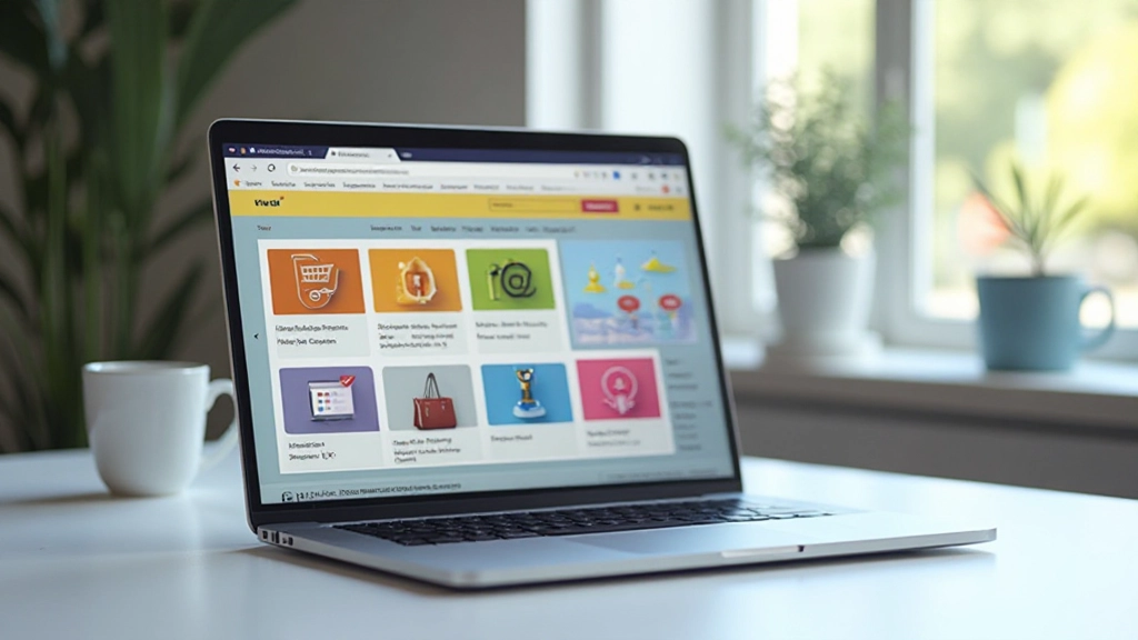 Laptop displaying an e-commerce storefront with products and shopping cart interface visible on screen