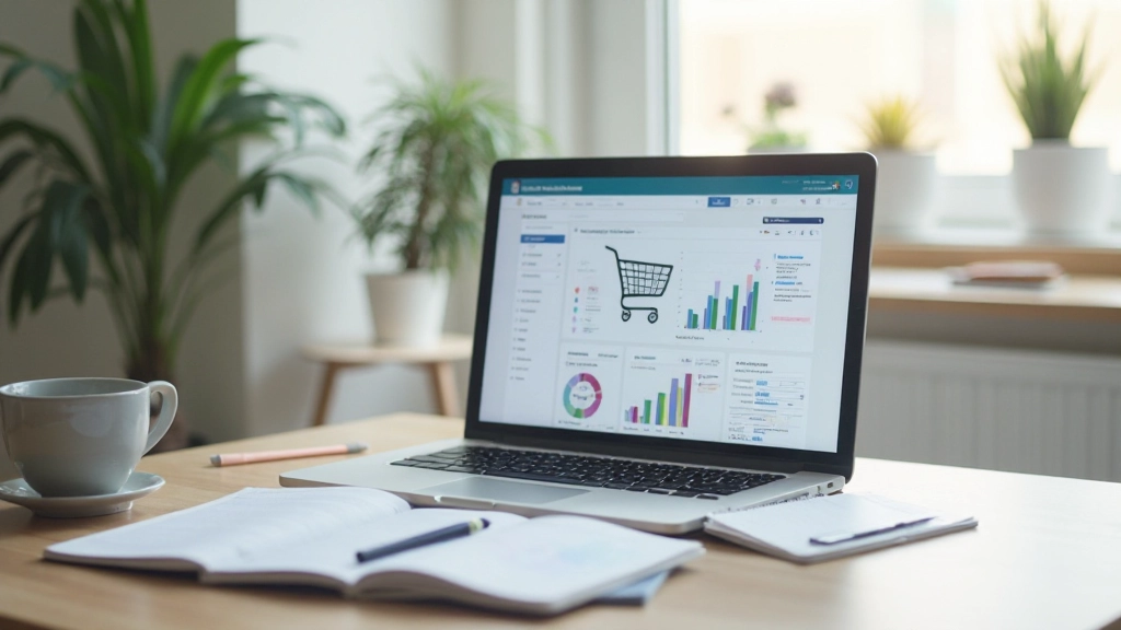 Modern workspace with laptop displaying e-commerce dashboard and business analytics