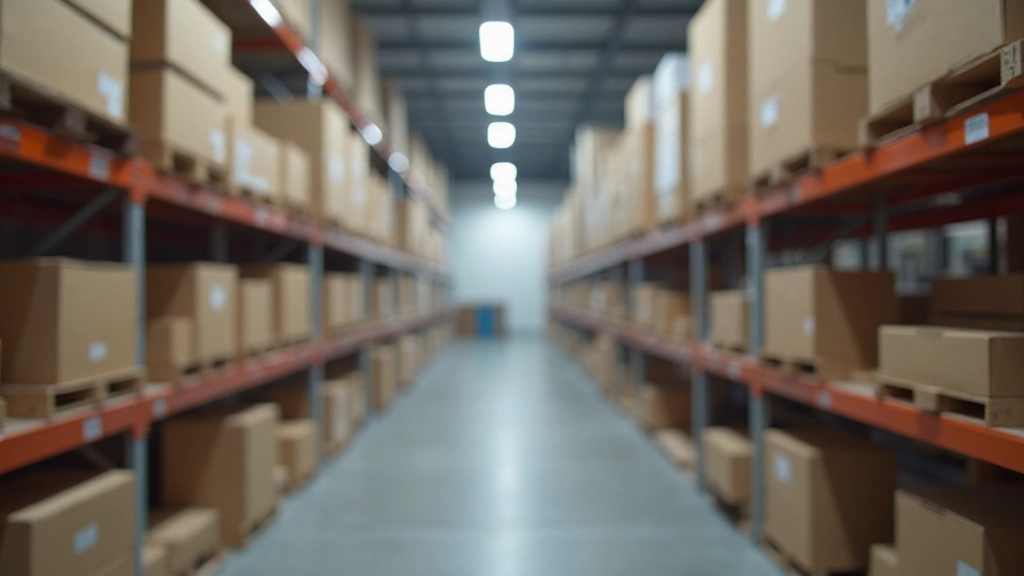 Warehouse shelves stocked with organized inventory boxes and products ready for shipping